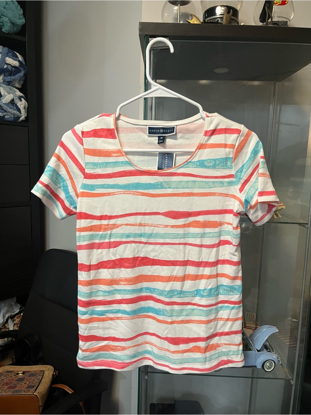 Karen Scott Cream Tee with Coral and Aqua Stripes